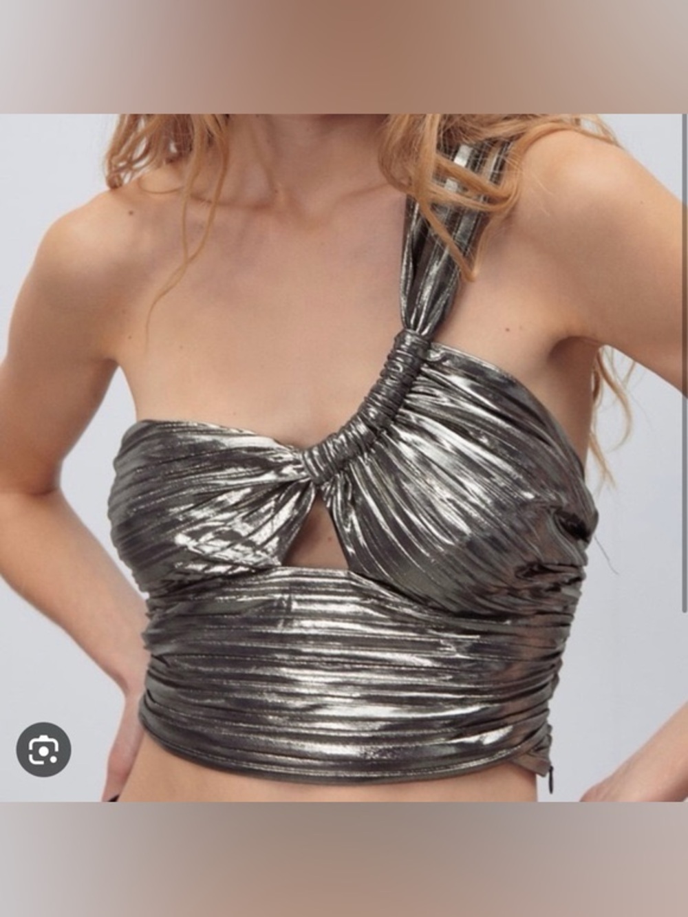 ZARA Metallic Silver One-Shoulder Ruched Crop Top